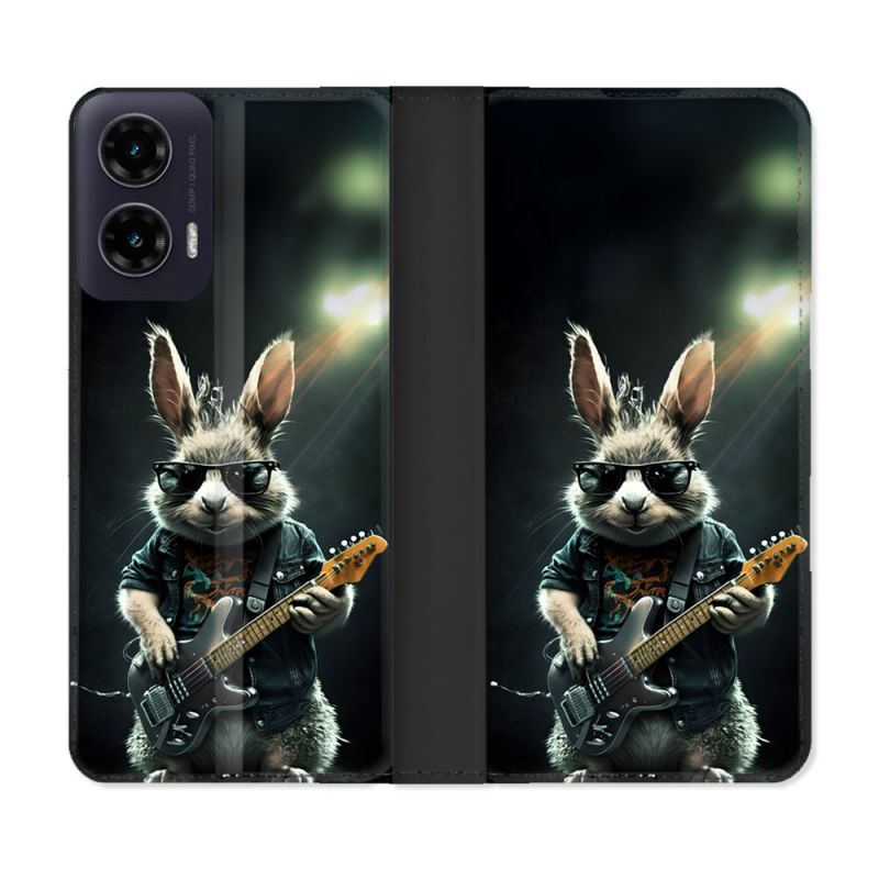 Housse cuir portefeuille Pour Motorola G35 5G Musique Rock Lapin