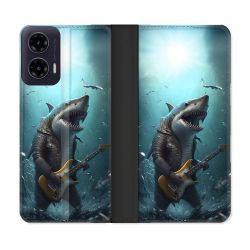 Housse cuir portefeuille Pour Motorola G35 5G Musique Rock Requin
