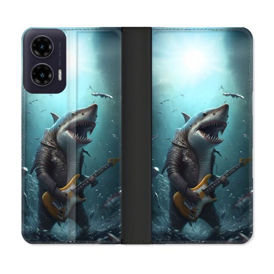 Housse cuir portefeuille Pour Motorola G35 5G Musique Rock Requin