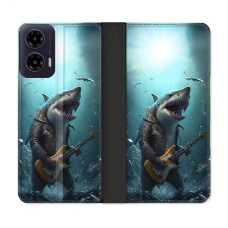 Housse cuir portefeuille Pour Motorola G35 5G Musique Rock Requin