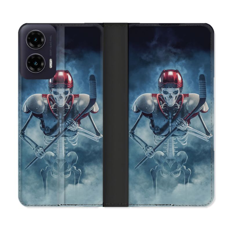 Housse cuir portefeuille Pour Motorola G35 5G Sport Hockey Squelette