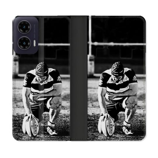 Housse cuir portefeuille Pour Motorola G35 5G Sport Rugby Noir Blanc