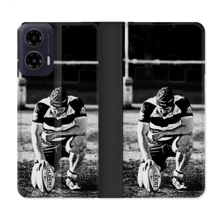Housse cuir portefeuille Pour Motorola G35 5G Sport Rugby Noir Blanc