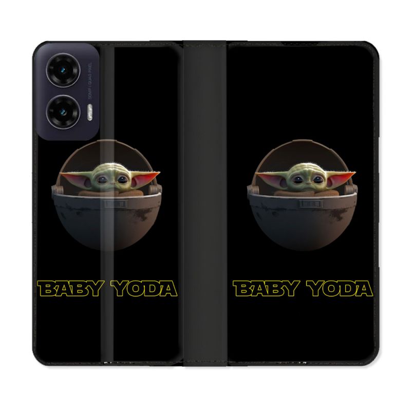 Housse cuir portefeuille Pour Motorola G35 5G Star Wars - Yoda bebe noir