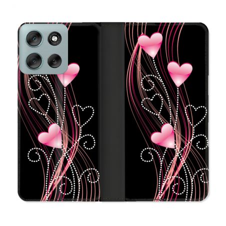 Housse cuir portefeuille Pour Motorola G56 5G Amour Coeur Rose Montant sur Noir
