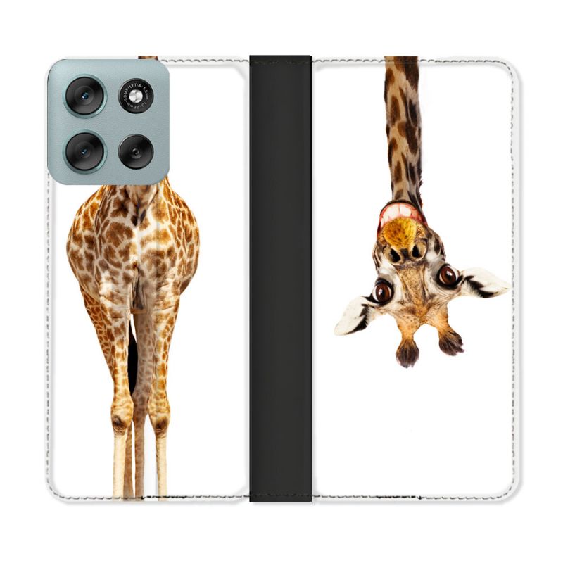 Housse cuir portefeuille Pour Motorola G56 5G Animal Girafe Blanche