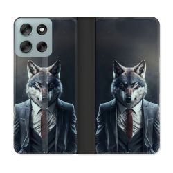 Housse cuir portefeuille Pour Motorola G56 5G Animal Loup Business