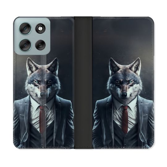 Housse cuir portefeuille Pour Motorola G56 5G Animal Loup Business