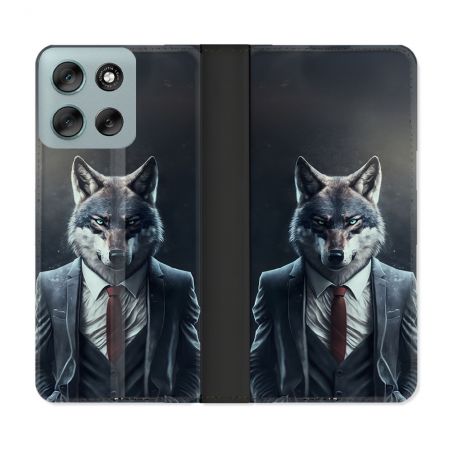 Housse cuir portefeuille Pour Motorola G56 5G Animal Loup Business