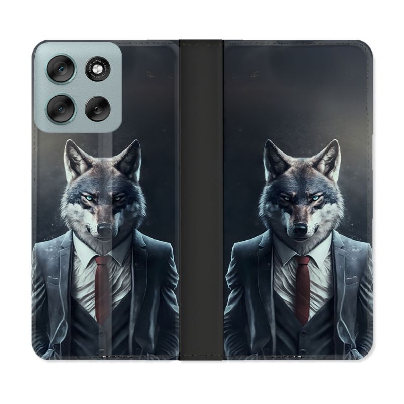 Housse cuir portefeuille Pour Motorola G56 5G Animal Loup Business