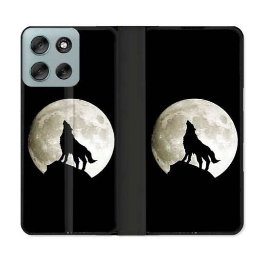 Housse cuir portefeuille Pour Motorola G56 5G Animal Loup Noir