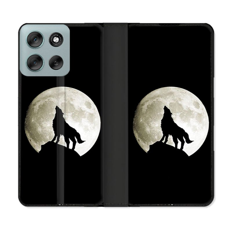 Housse cuir portefeuille Pour Motorola G56 5G Animal Loup Noir