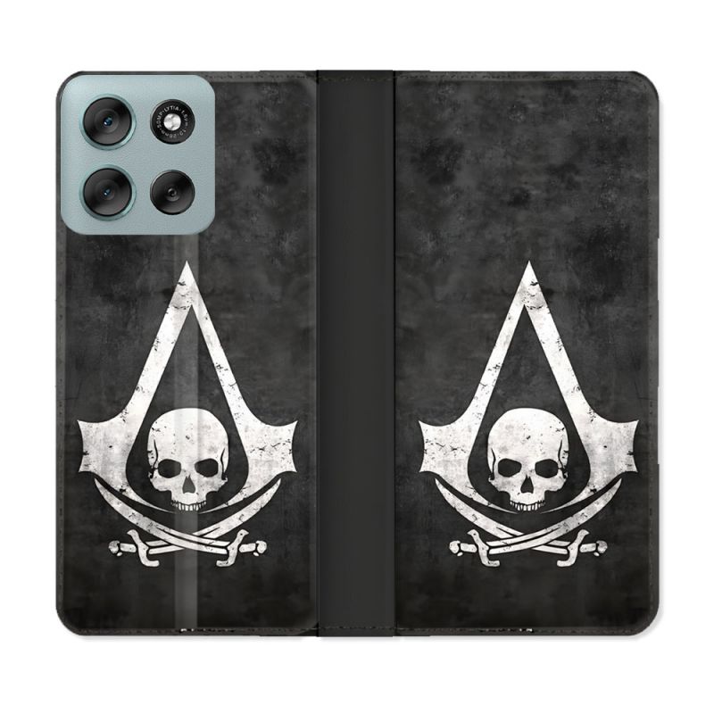 Housse cuir portefeuille Pour Motorola G56 5G Assassin Creed Tete Mort