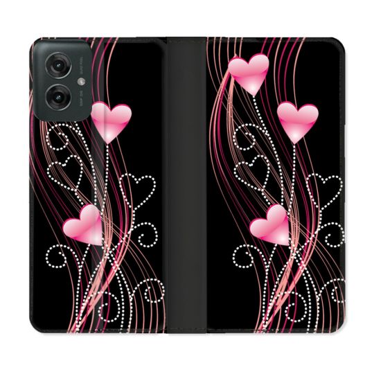 Housse cuir portefeuille Pour Motorola G55 5G Amour Coeur Rose Montant sur Noir