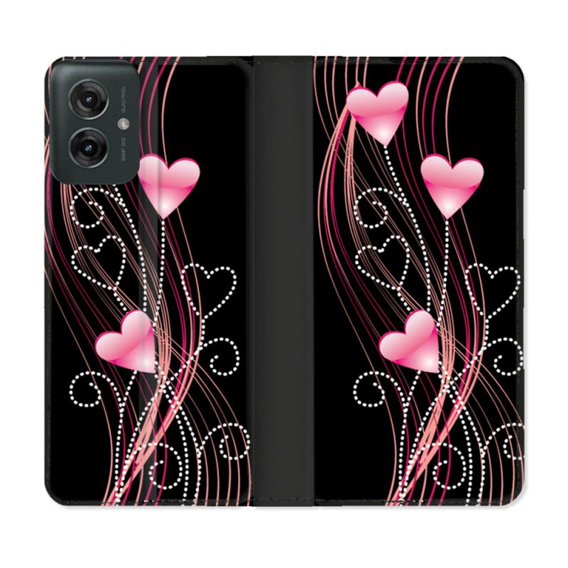 Housse cuir portefeuille Pour Motorola G55 5G Amour Coeur Rose Montant sur Noir