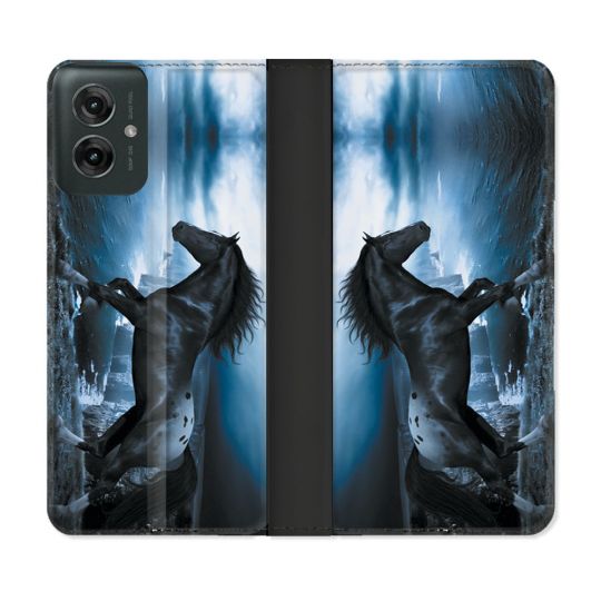 Housse cuir portefeuille Pour Motorola G55 5G Animal Cheval Noir