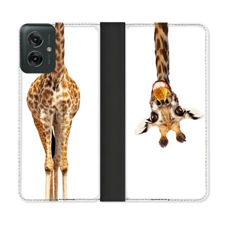 Housse cuir portefeuille Pour Motorola G55 5G Animal Girafe Blanche