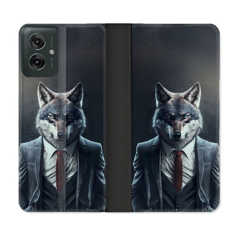 Housse cuir portefeuille Pour Motorola G55 5G Animal Loup Business