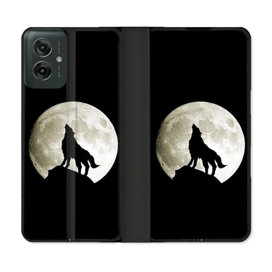 Housse cuir portefeuille Pour Motorola G55 5G Animal Loup Noir
