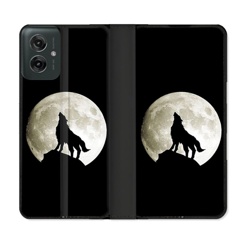 Housse cuir portefeuille Pour Motorola G55 5G Animal Loup Noir