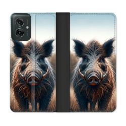 Housse cuir portefeuille Pour Motorola G55 5G Chasse Sanglier Attaque
