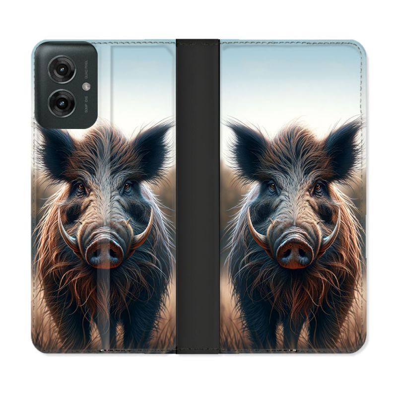 Housse cuir portefeuille Pour Motorola G55 5G Chasse Sanglier Attaque