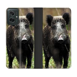 Housse cuir portefeuille Pour Motorola G55 5G Chasse Sanglier bois