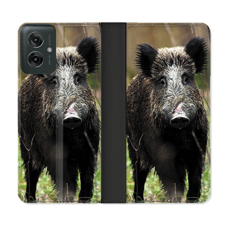 Housse cuir portefeuille Pour Motorola G55 5G Chasse Sanglier bois