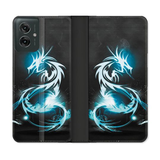 Housse cuir portefeuille Pour Motorola G55 5G Fantastique Dragon Bleu