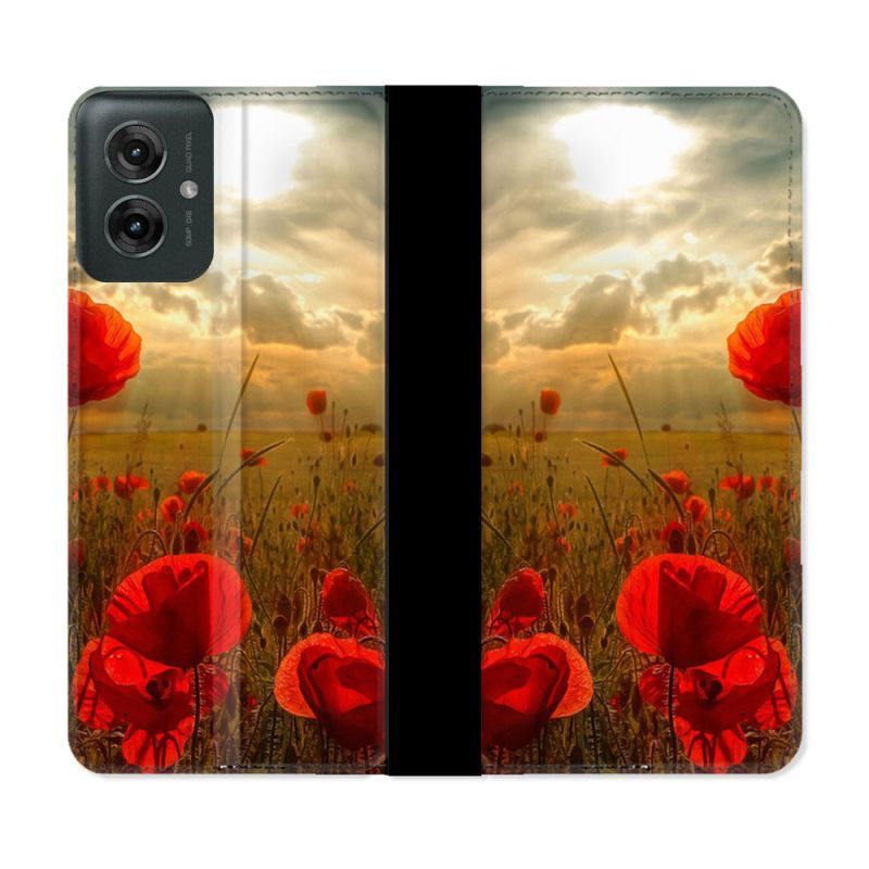Housse cuir portefeuille Pour Motorola G55 5G Fleur Coquelicot