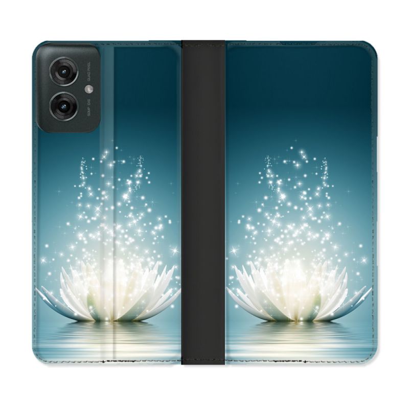 Housse cuir portefeuille Pour Motorola G55 5G Fleur Lotus Blanc