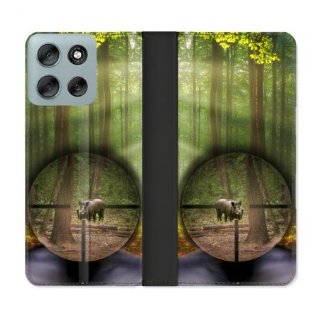 Housse cuir portefeuille Pour Motorola G56 5G Chasse Sanglier Viseur