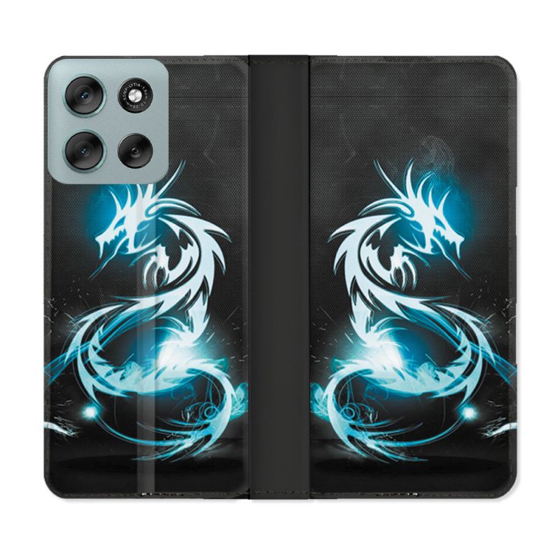 Housse cuir portefeuille Pour Motorola G56 5G Fantastique Dragon Bleu