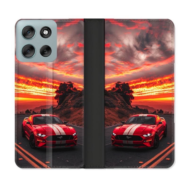 Housse cuir portefeuille Pour Motorola G56 5G Ford Mustang GT500 Rouge