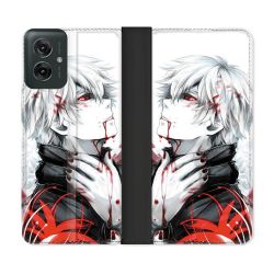 Housse cuir portefeuille Pour Motorola G55 5G Manga Tokyo Ghoul Kaneki Blanc