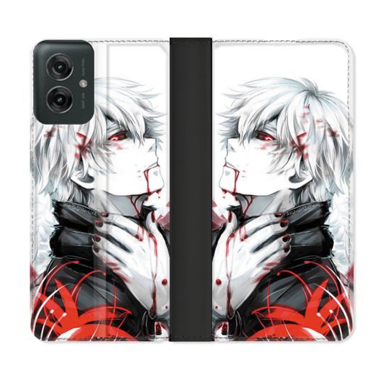 Housse cuir portefeuille Pour Motorola G55 5G Manga Tokyo Ghoul Kaneki Blanc