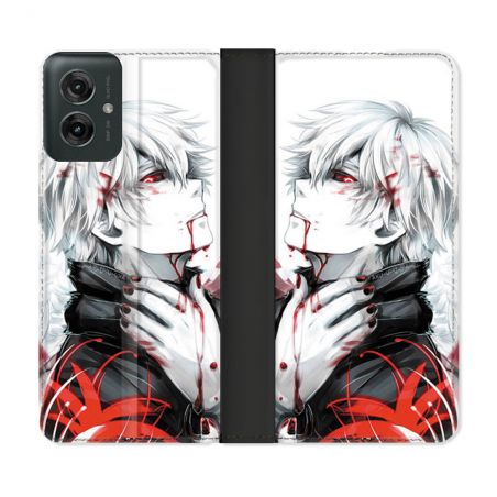 Housse cuir portefeuille Pour Motorola G55 5G Manga Tokyo Ghoul Kaneki Blanc