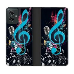 Housse cuir portefeuille Pour Motorola G55 5G Musique Cle Sol Bleu