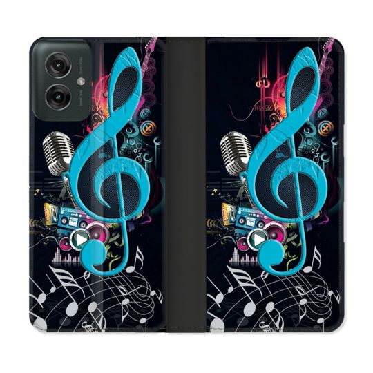 Housse cuir portefeuille Pour Motorola G55 5G Musique Cle Sol Bleu