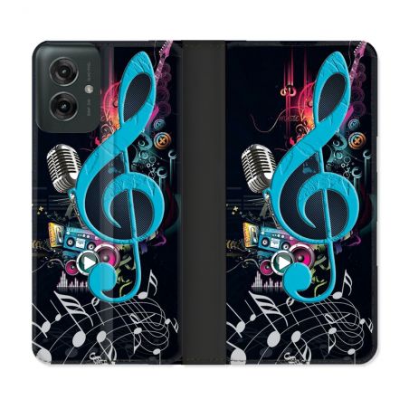 Housse cuir portefeuille Pour Motorola G55 5G Musique Cle Sol Bleu