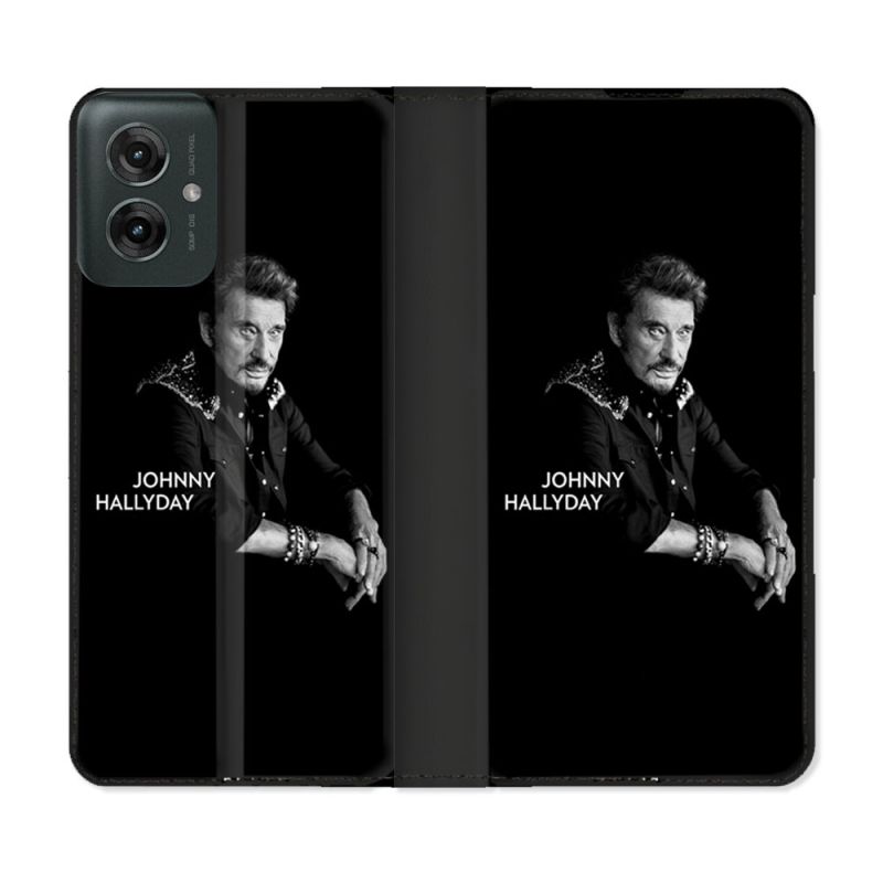 Housse cuir portefeuille Pour Motorola G55 5G Musique Johnny Hallyday Noir