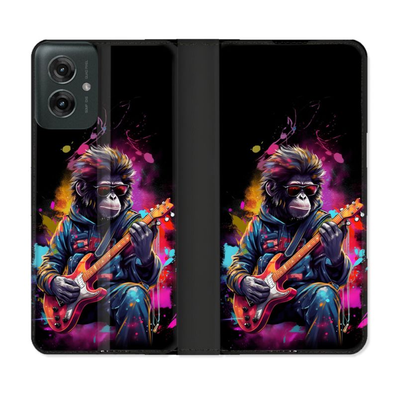 Housse cuir portefeuille Pour Motorola G55 5G Musique Rock Singe