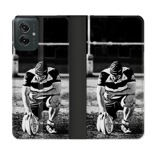 Housse cuir portefeuille Pour Motorola G55 5G Sport Rugby Noir Blanc