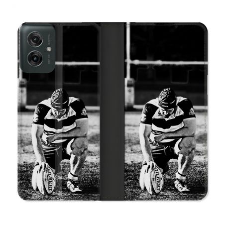 Housse cuir portefeuille Pour Motorola G55 5G Sport Rugby Noir Blanc