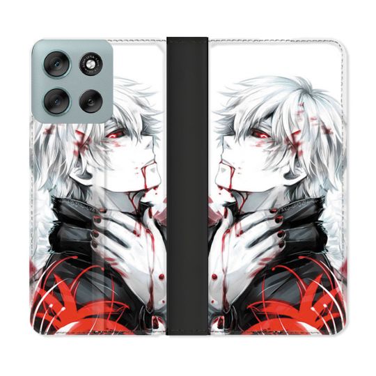 Housse cuir portefeuille Pour Motorola G56 5G Manga Tokyo Ghoul Kaneki Blanc