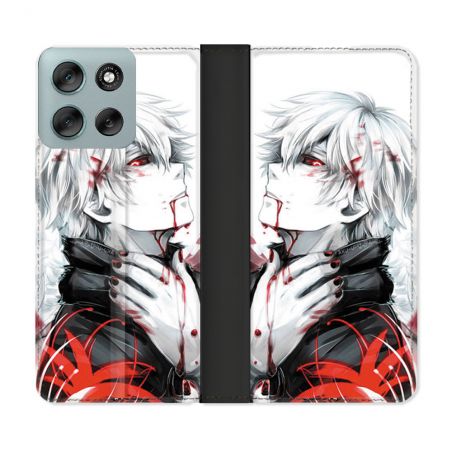 Housse cuir portefeuille Pour Motorola G56 5G Manga Tokyo Ghoul Kaneki Blanc