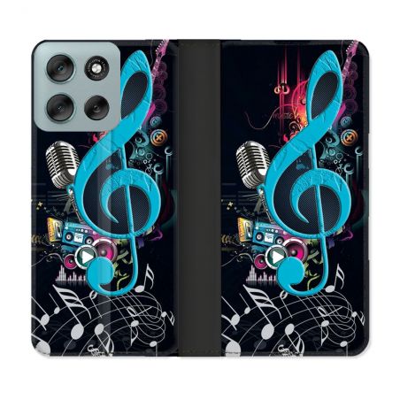 Housse cuir portefeuille Pour Motorola G56 5G Musique Cle Sol Bleu