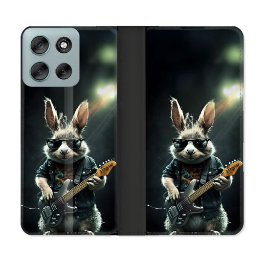 Housse cuir portefeuille Pour Motorola G56 5G Musique Rock Lapin