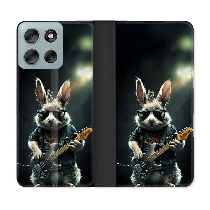 Housse cuir portefeuille Pour Motorola G56 5G Musique Rock Lapin