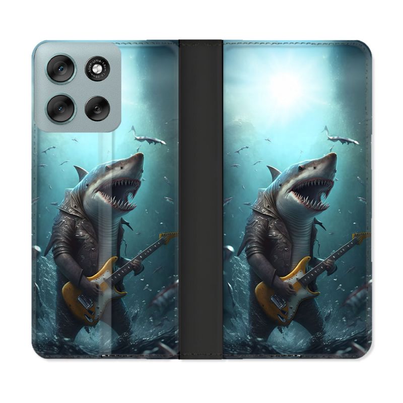 Housse cuir portefeuille Pour Motorola G56 5G Musique Rock Requin